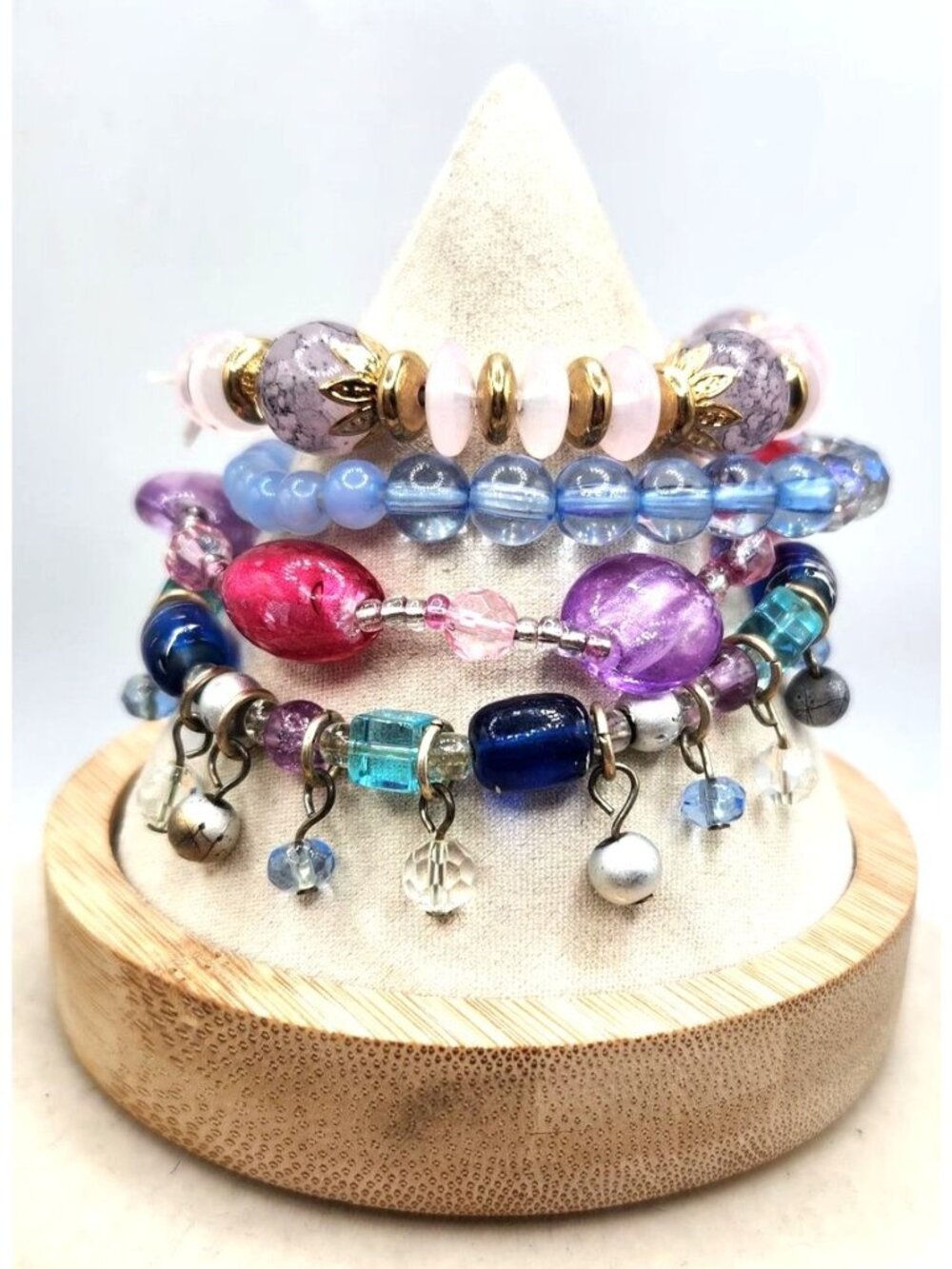 4 Bracelets, Pinks, Blue, Purple, Acrylic Crystal & Metal Beads